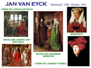 JAN VAN EYCK
VERGE AMB CANÒNIC VAN
DER PAELE
Maaseyck, 1390 - Bruges, 1441
MARGARITA
L’HOME DEL TURBANT VERMELL
RETRAT DEL MATRIMONI
ARNOLFINI
VERGE DEL CANCELLER ROLIN
 