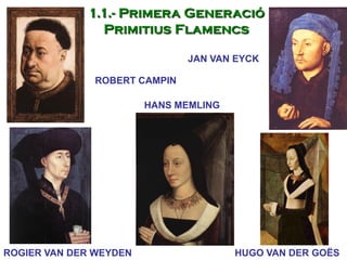ROBERT CAMPIN
HANS MEMLING
HUGO VAN DER GOËS
JAN VAN EYCK
ROGIER VAN DER WEYDEN
1.1.- Primera Generació
Primitius Flamencs
 