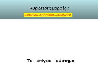 Κυριότερες μορφές :
ΤοΤο επίγειοεπίγειο σύστημασύστημα
ΝΑΟΔΟΜΙΑ –ΑΓΙΟΓΡΑΦΙΑ---ΥΜΝΟΛΟΓΙΑ
 