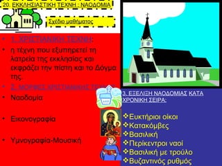 Σχέδιο μαθήματος
• 1. ΧΡΙΣΤΙΑΝΙΚΗ ΤΕΧΝΗ:
• η τέχνη που εξυπηρετεί τη
λατρεία της εκκλησίας και
εκφράζει την πίστη και το Δ...