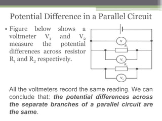 Current in a Parallel Circuit
 Figure below shows how the current from dry cell is shared in
the separate branches of a parallel circuit.
 The current from the source I the sum of the currents in the
separate branches of a parallel circuit, i.e. I = I1 +I2.
 