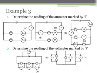  In parallel circuit, the component with the smallest resistance
has the highest current flowing through it.
 The current flowing out from the cell, I, is the same as the
current flowing back to the cell, I3.
 Any breakdown in one of the parallel branches does not
affect the current flow in the other branches of the circuit.
 