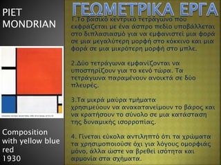 PIET
MONDRIAN
Composition
with yellow blue
red
1930
1.Το βασικό κεντρικό τετράγωνο που
εκφράζεται με ένα άσπρο πεδίο υποβάλλεται
στο διπλασιασμό για να εμφανιστεί μια φορά
σε μια μεγαλύτερη μορφή στο κόκκινο και μια
φορά σε μια μικρότερη μορφή στο μπλε.
2.Δύο τετράγωνα εμφανίζονται να
υποστηρίζουν για το κενό τώρα. Τα
τετράγωνα παραμένουν ανοικτά σε δύο
πλευρές.
3.Τα μικρά μαύρα τμήματα
χρησιμεύουν να ανακατανείμουν το βάρος και
να κρατήσουν το σύνολο σε μια κατάσταση
της δυναμικής ισορροπίας.
4. Γίνεται εύκολα αντιληπτό ότι τα χρώματα
τα χρησιμοποιούσε όχι για λόγους ομορφιάς
μόνο, άλλα ώστε να βρεθεί ισότητα και
αρμονία στα σχήματα.
 