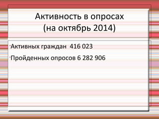 Активность в опросах
(на октябрь 2014)
•
Активных граждан 416 023
•
Пройденных опросов 6 282 906
 