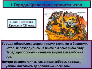 1.Города.Крепостное строительство.
Города обносились деревянными стенами и башнями,
которые возводились на высоком земляном валу.
Перед крепостными стенами вырывали глубокий
ров.
Внутри располагались каменные соборы, хоромы,
улицы мостились деревянным настилом.
План Киевского
Кремля в XII веке.
 