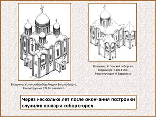 Через несколько лет после окончания постройки
случился пожар и собор сгорел.
Владимир Успенский собор Андрея Боголюбского.
Реконструкция С.В.Заграевского
Владимир Успенский собор во
Владимире. 1158-1160.
Реконструкция Н. Воронина
 