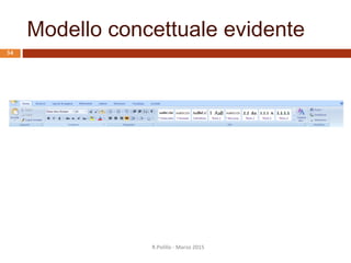 I 7 principi del dialogo secondo la ISO 9241-110:2006
33
1. Adeguatezza al compito
2. Autodescrizione
3. Conformità alle aspettative
dell’utente
4. Adeguatezza all’apprendimento
5. Controllabilità
6. Tolleranza verso gli errori
7. Adeguatezza alla
individualizzazione
R.Polillo - Marzo 2015
L’utente è in grado
di iniziare e tenere
sotto controllo la
direzione e i tempi
dell’interazione
fino al
raggiungimento
dell’obbiettivo
 