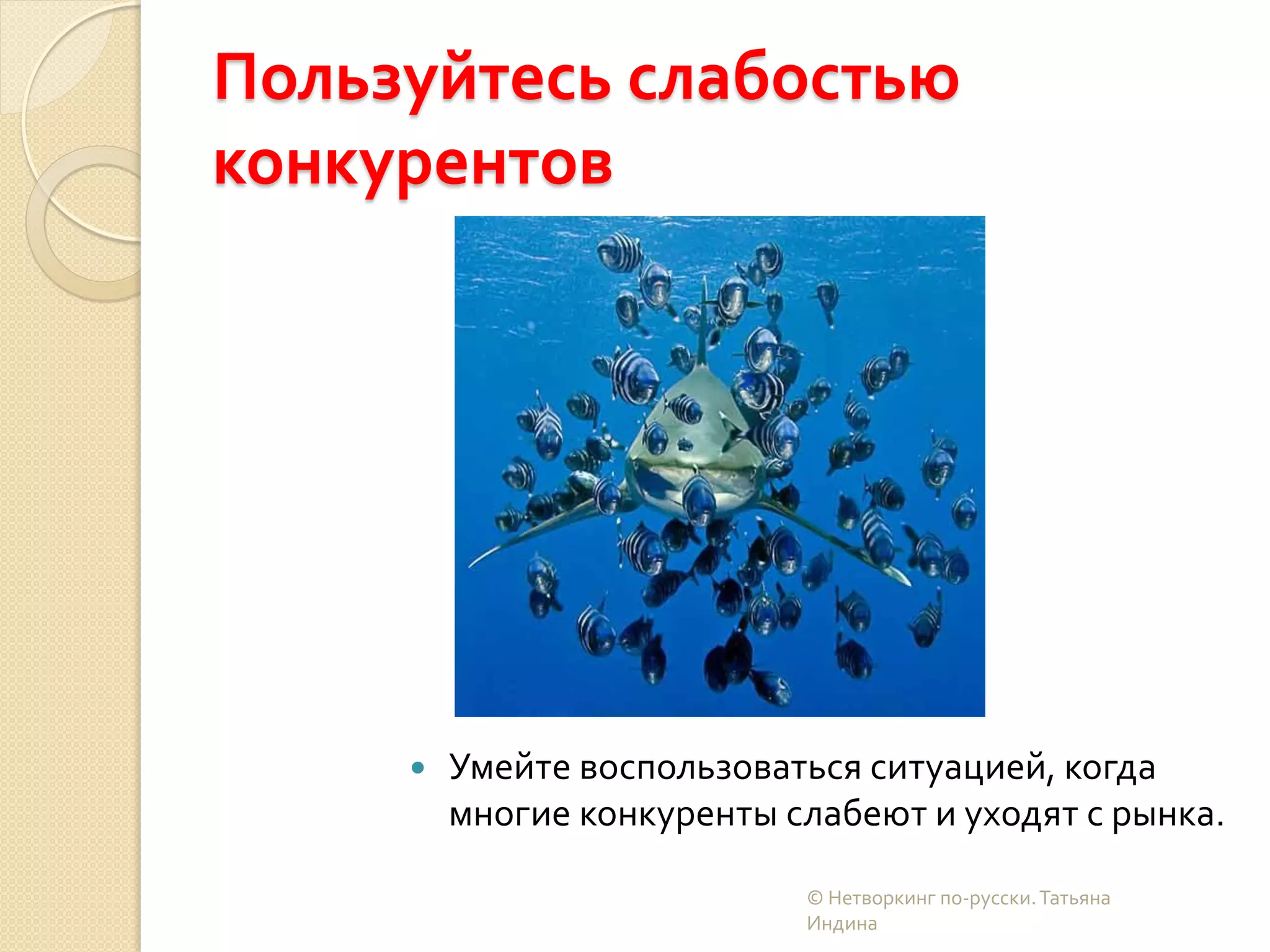 Пользуйтесь слабостью
конкурентов
 Умейте воспользоваться ситуацией, когда
многие конкуренты слабеют и уходят с рынка.
© Нетворкинг по-русски.Татьяна
Индина
 