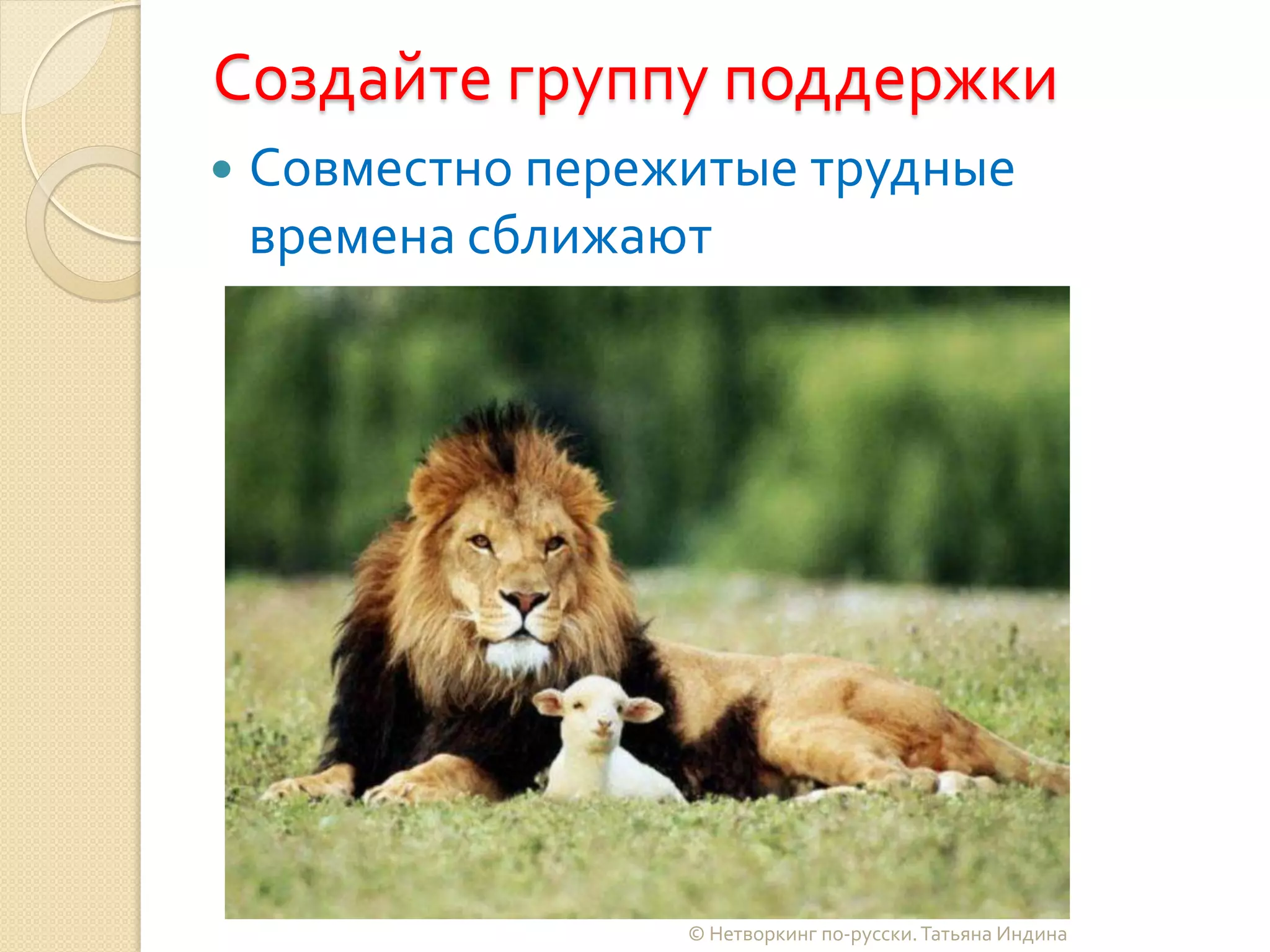 Создайте группу поддержки
 Совместно пережитые трудные
времена сближают
© Нетворкинг по-русски.Татьяна Индина
 