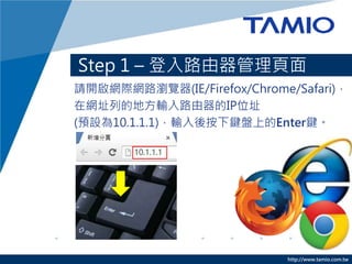 http://www.tamio.com.tw
Step 1 C ·
Ո_WHW·g[(IE/Firefox/Chrome/Safari)
ھWַеĵطݔ·IPλַ
(AO10.1.1.1)ݔᰴIPϵEnterI
 