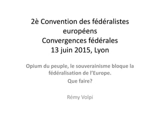 2è Convention des fédéralistes
européens
Convergences fédérales
13 juin 2015, Lyon
Opium du peuple, le souverainisme bloque la
fédéralisation de l’Europe.
Que faire?
Rémy Volpi
 