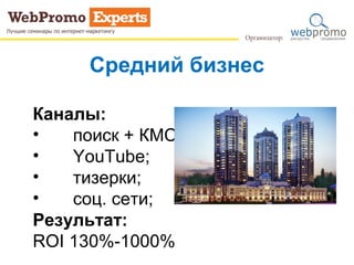 Средний бизнес
Каналы:
• поиск + КМС;
• YouTube;
• тизерки;
• соц. сети;
Результат:
ROI 130%-1000%
 
