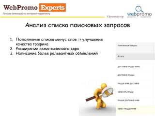 Анализ списка поисковых запросов
1. Пополнение списка минус слов => улучшение
качества трафика
2. Расширение семантического ядра
3. Написание более релевантных объявлений
 