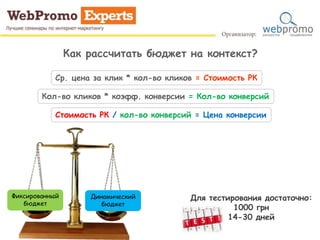 Как рассчитать бюджет на контекст?
Фиксированный
бюджет
Динамический
бюджет
Для тестирования достаточно:
1000 грн
14-30 дней
Ср. цена за клик * кол-во кликов = Стоимость РК
Стоимость РК / кол-во конверсий = Цена конверсии
Кол-во кликов * коэфф. конверсии = Кол-во конверсий
 