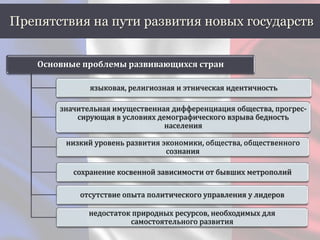 Препятствия на пути развития новых государств
Основные проблемы развивающихся стран
языковая, религиозная и этническая идентичность
значительная имущественная дифференциация общества, прогрес-
сирующая в условиях демографического взрыва бедность
населения
низкий уровень развития экономики, общества, общественного
сознания
сохранение косвенной зависимости от бывших метрополий
отсутствие опыта политического управления у лидеров
недостаток природных ресурсов, необходимых для
самостоятельного развития
 
