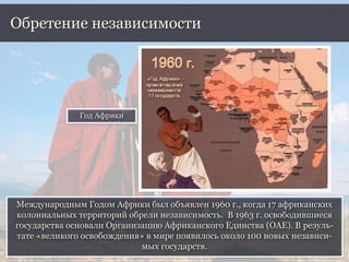 Международным Годом Африки был объявлен 1960 г., когда 17 африканских
колониальных территорий обрели независимость. В 1963 г. освободившиеся
государства основали Организацию Африканского Единства (ОАЕ). В резуль-
тате «великого освобождения» в мире появилось около 100 новых независи-
мых государств.
Обретение независимости
Год Африки
 