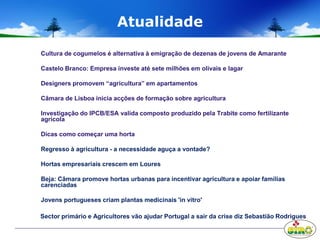 Atualidade
Cultura de cogumelos é alternativa à emigração de dezenas de jovens de Amarante
Castelo Branco: Empresa investe até sete milhões em olivais e lagar
Designers promovem “agricultura” em apartamentos
Câmara de Lisboa inicia acções de formação sobre agricultura
Investigação do IPCB/ESA valida composto produzido pela Trabite como fertilizante
agrícola
Dicas como começar uma horta
Regresso à agricultura - a necessidade aguça a vontade?
Hortas empresariais crescem em Loures
Beja: Câmara promove hortas urbanas para incentivar agricultura e apoiar famílias
carenciadas
Jovens portugueses criam plantas medicinais 'in vitro'
Sector primário e Agricultores vão ajudar Portugal a sair da crise diz Sebastião Rodrigues
 