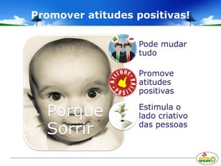 Promover atitudes positivas!
Porque
Sorrir
Pode mudar
tudo
Promove
atitudes
positivas
Estimula o
lado criativo
das pessoas
 