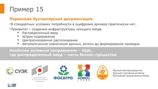 Пример 15
Первичная бухгалтерская документация
В стандартных условиях потребности в оцифровке архивов практически нет.
Приоритет – созданию инфраструктуры текущего ввода.
 Распределенный ввод
 Штрих-кодирование
 Централизованное распознавание
 Автоматическое извлечение данных, вплоть до формирования проводок
Наиболее активное направление – ОЦО,
где распределенный ввод – часть бизнес-процессов
Крупный мясопроизводитель
Крупный спортивный ритейлер
Крупнейший продуктовый ритейлер
………
 