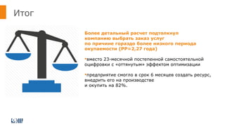 Итог
Более детальный расчет подтолкнул
компанию выбрать заказ услуг
по причине гораздо более низкого периода
окупаемости (PP=2,27 года)
вместо 23-месячной постепенной самостоятельной
оцифровки с «оттянутым» эффектом оптимизации
предприятие смогло в срок 6 месяцев создать ресурс,
внедрить его на производстве
и окупить на 82%.
 