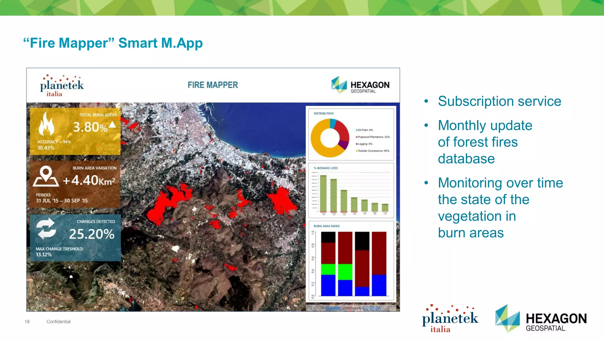 Confidential18
“Fire Mapper” Smart M.App
• Subscription service
• Monthly update
of forest fires
database
• Monitoring over time
the state of the
vegetation in
burn areas
 