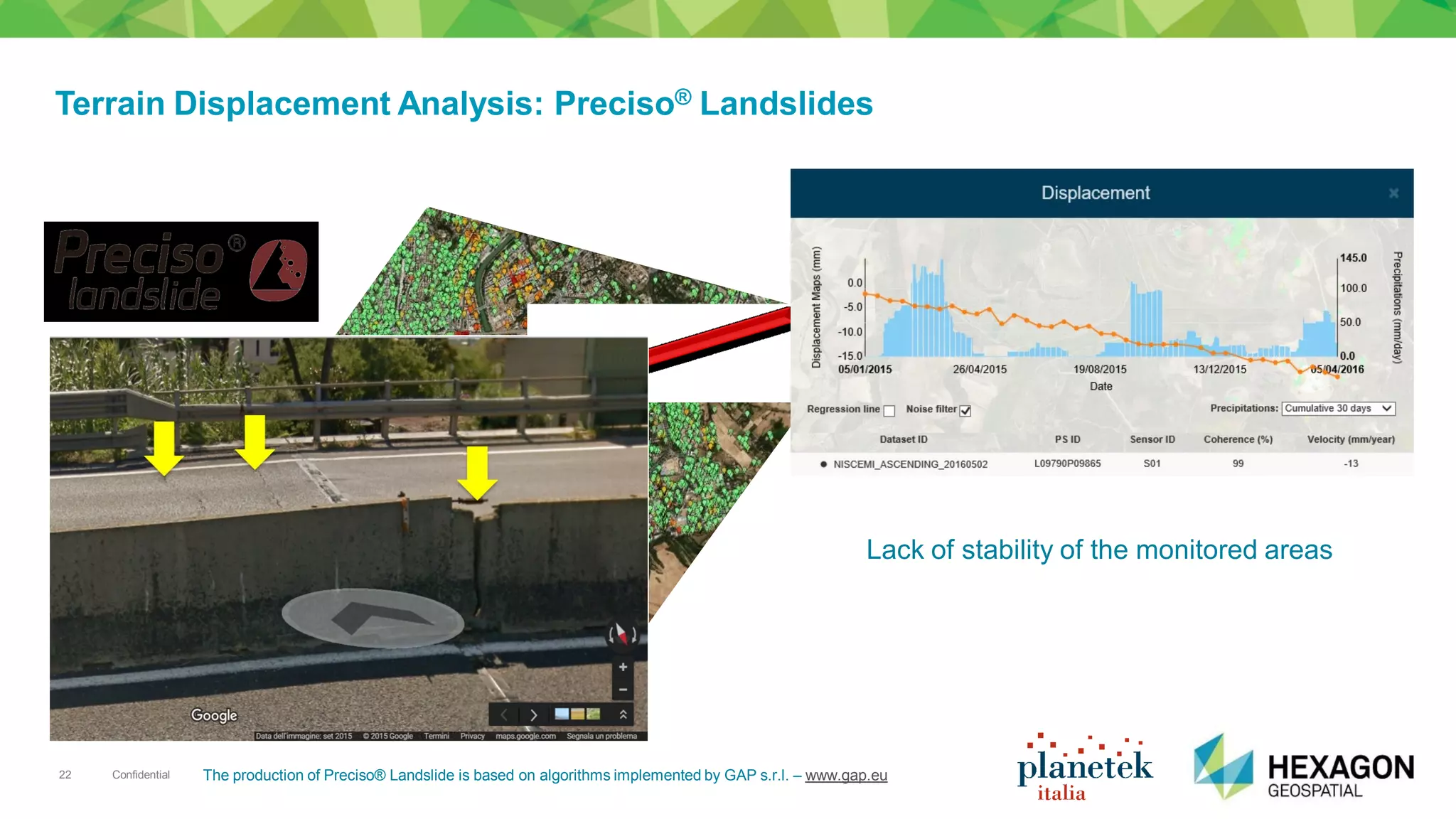 Confidential22
Terrain Displacement Analysis: Preciso® Landslides
Lack of stability of the monitored areas
The production of Preciso® Landslide is based on algorithms implemented by GAP s.r.l. – www.gap.eu
 