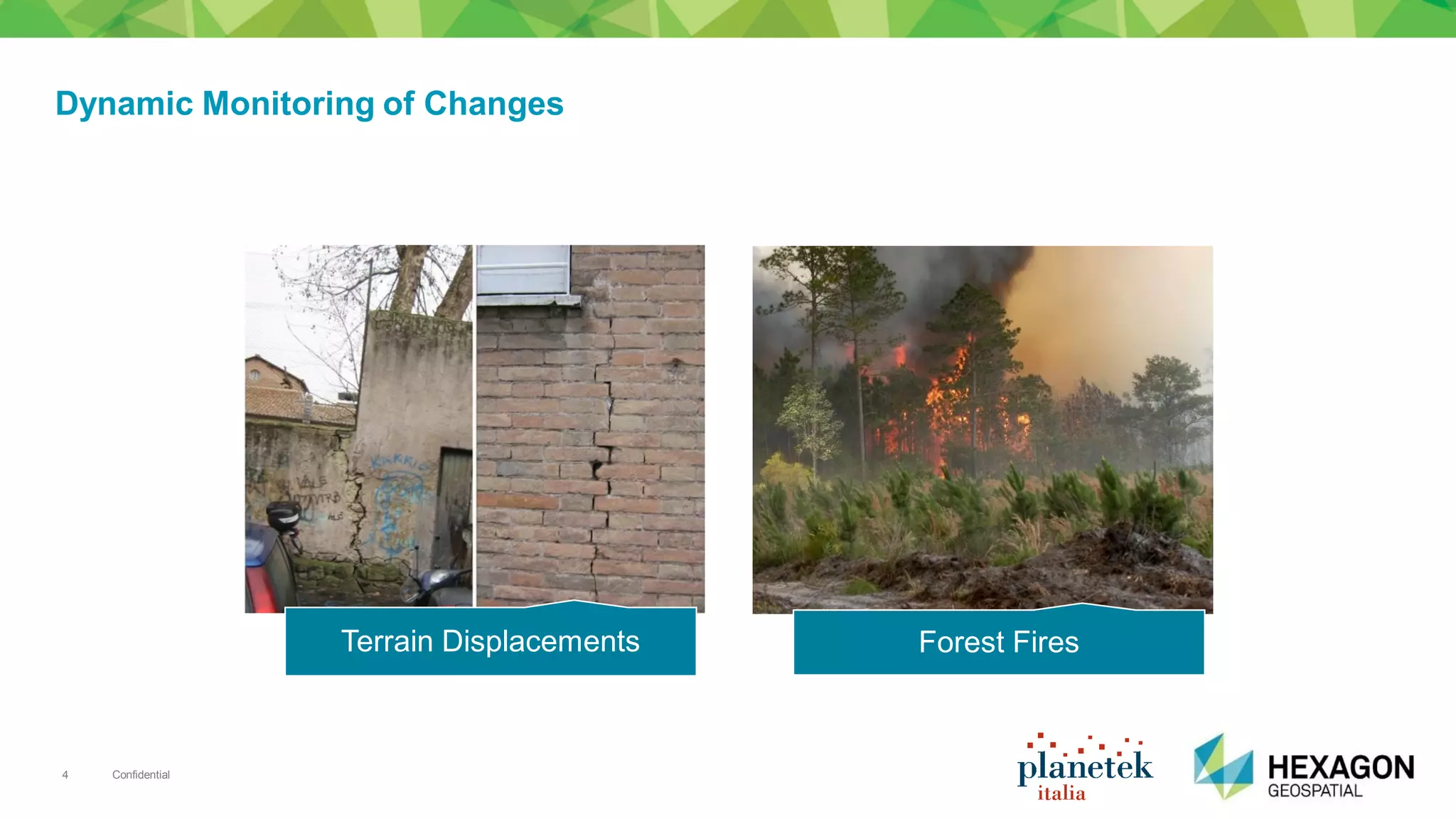 Confidential4
Dynamic Monitoring of Changes
Terrain Displacements Forest Fires
 