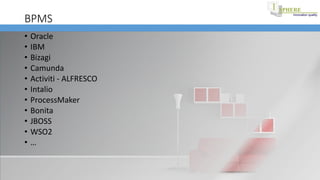 BPMS
• Oracle
• IBM
• Bizagi
• Camunda
• Activiti - ALFRESCO
• Intalio
• ProcessMaker
• Bonita
• JBOSS
• WSO2
• …
 