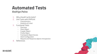 11
Automated Tests
Rodrigo Paiva
1. Why should I write tests?
2. Unit Tests with PHPUnit
- Characteristics
- Anatomy of a test
3. Functional Tests
- Overview
- Client Object
- Crawler Object
- Profile Object
- Framework Object Access
- Client Configuration
- Request and Response objects introspection
4. References
 