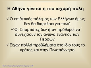 Η Αθήνα γίνεται η πιο ισχυρή πόλη
Ο επιθετικός πόλεμος των Ελλήνων όμως
δεν θα διαρκέσει για πολύ
Οι Σπαρτιάτες δεν ήταν πρόθυμοι να
συνεχίσουν τον αγώνα εναντίον των
Περσών
Είχαν πολλά προβλήματα στο ίδιο τους το
κράτος και στην Πελοπόννησο
Επιμέλεια: Χρήστος Χαρμπής http://xristx.blogspot.gr σελ.39
 