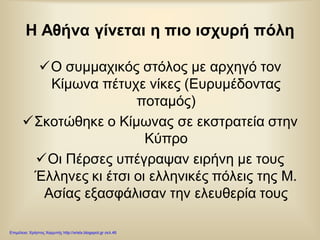 Η Αθήνα γίνεται η πιο ισχυρή πόλη
Ο συμμαχικός στόλος με αρχηγό τον
Κίμωνα πέτυχε νίκες (Ευρυμέδοντας
ποταμός)
Σκοτώθηκε ο Κίμωνας σε εκστρατεία στην
Κύπρο
Οι Πέρσες υπέγραψαν ειρήνη με τους
Έλληνες κι έτσι οι ελληνικές πόλεις της Μ.
Ασίας εξασφάλισαν την ελευθερία τους
Επιμέλεια: Χρήστος Χαρμπής http://xristx.blogspot.gr σελ.46
 