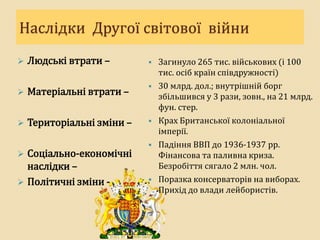 Наслідки Другої світової війни
 Людські втрати –
 Матеріальні втрати –
 Територіальні зміни –
 Соціально-економічні
наслідки –
 Політичні зміни -
 Загинуло 265 тис. військових (і 100
тис. осіб країн співдружності)
 30 млрд. дол.; внутрішній борг
збільшився у 3 рази, зовн., на 21 млрд.
фун. стер.
 Крах Британської колоніальної
імперії.
 Падіння ВВП до 1936-1937 рр.
Фінансова та паливна криза.
Безробіття сягало 2 млн. чол.
 Поразка консерваторів на виборах.
Прихід до влади лейбористів.
 