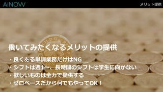 メリット提供
・良くある単調業務だけはNG
・シフトは週1〜、長時間のシフトは学生に向かない
・欲しいものは全力で提供する
・ゼロベースだから何でもやってOK！
働いてみたくなるメリットの提供
 