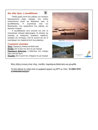 Μια άλλη λίμνη: η λιμνοθάλασσα
Πολλές φορές κοντά στις εκβολές των ποταμών
δημιουργούνται ρηχές περιοχές, στις οποίες
ανακατεύονται γλυκό και θαλασσινό νερό, οι
λιμνοθάλασσες. Η γνωστότερη είναι του
Μεσολογγίου, που σχηματίζεται στις εκβολές του
Αχελώου ποταμού.
Η λιμνοθάλασσα αυτή αποτελεί ένα από τα
πλουσιότερα ελληνικά ιχθυοτροφεία. Οι κάτοικοι της
περιοχής με καλαμωτές εκτρέφουν κέφαλους,
λαυράκια και τσιπούρες, είναι δε γνωστή και για το
αυγοτάραχο που παράγεται από τους κέφαλους Εικόνα 20.4: Η Λιμνοθάλασσα του Μεσολογγίου
Γεωγραφικό γλωσσάριο
Έλος: περιοχή με στάσιμα και θολά νερά
Πανίδα: όλα τα ζώα που ζουν σε μια περιοχή
Παραλίμνια βλάστηση: η βλάστηση που υπάρχει
γύρω από μια λίμνη
Χλωρίδα: όλα τα φυτά που υπάρχουν σε μια περιοχή
Έλος Καλαμιάρη
Οινούσα
Νέες λέξεις έννοιες είναι: έλος, πανίδα, παραλίμνια βλάστηση και χλωρίδα
Το link οδηγεί σε video από το ψηφιακό αρχείο της ΕΡΤ με τίτλο: “Η ΖΩΗ ΣΤΗ
ΛΙΜΝΟΘΑΛΑΣΣΑ”
 