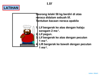 Author : Khairi
Seorang lelaki 58 kg berdiri di atas
neraca didalam sebuah lif.
Tentukan bacaan neraca apabila
1. Lif bergerak ke atas dengan halaju
seragam 2 ms-1
.
2. Lif pegun.
3. Lif bergerak ke atas dengan pecutan
1 ms-2
.
4. Lift bergerak ke bawah dengan pecutan
1 ms-2
.
LATIHAN
LIF
 