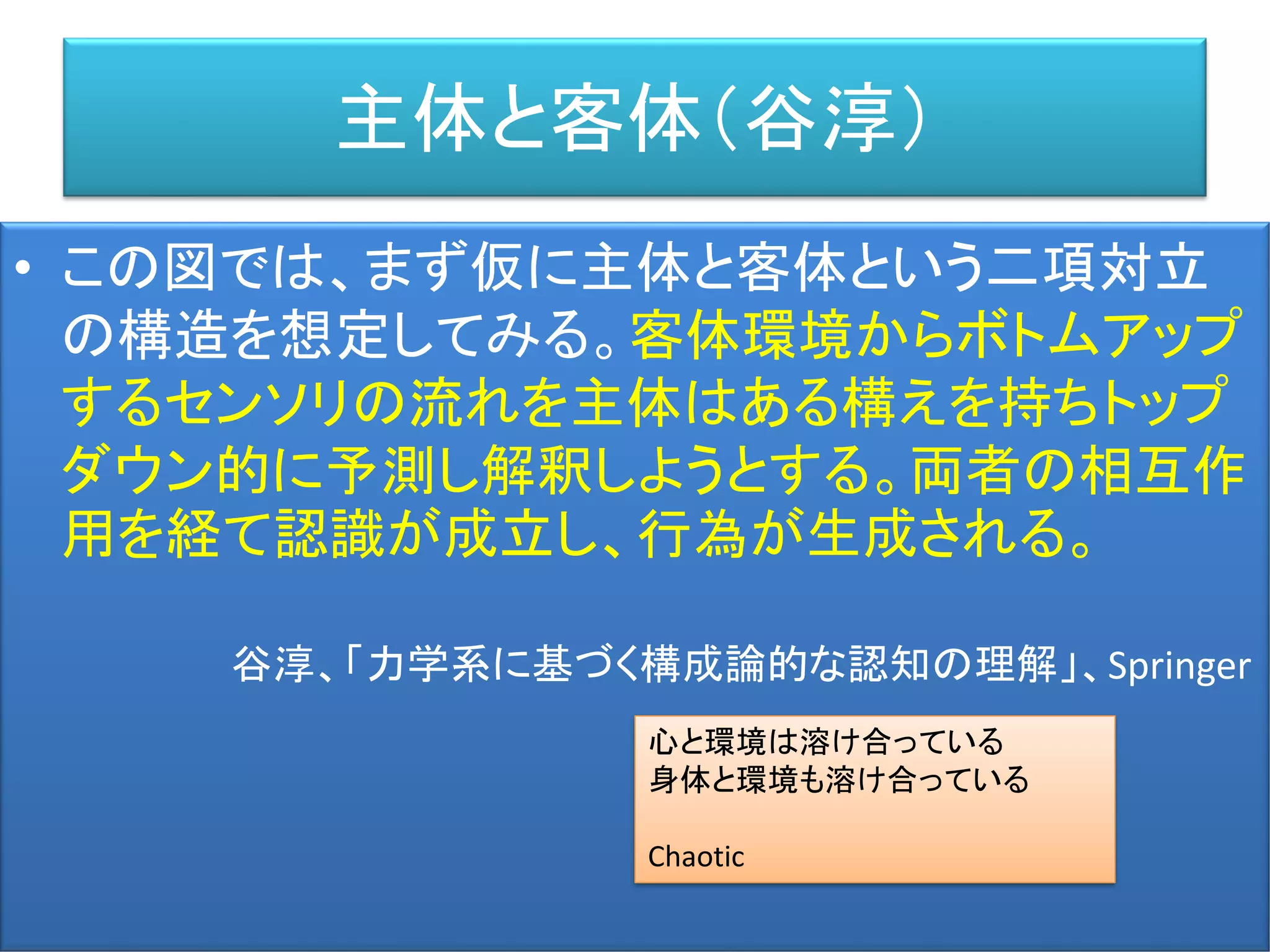 主体と客体（谷淳）
• この図では、まず仮に主体と客体という二項対立
の構造を想定してみる。客体環境からボトムアップ
するセンソリの流れを主体はある構えを持ちトップ
ダウン的に予測し解釈しようとする。両者の相互作
用を経て認識が成立し、行為が生成される。
谷淳、「力学系に基づく構成論的な認知の理解」、Springer
心と環境は溶け合っている
身体と環境も溶け合っている
Chaotic
 