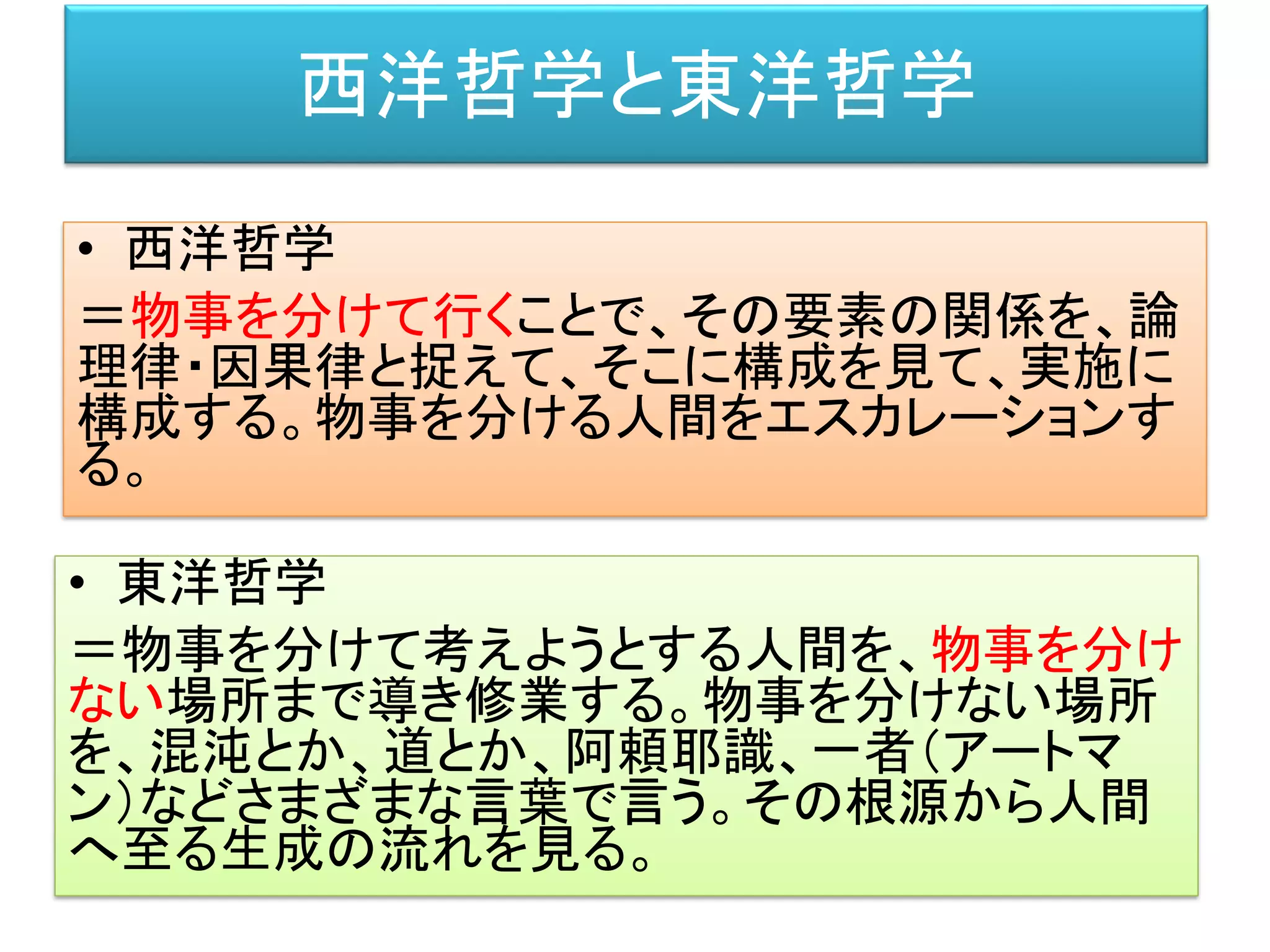 西洋哲学と東洋哲学
• 西洋哲学
＝物事を分けて行くことで、その要素の関係を、論
理律・因果律と捉えて、そこに構成を見て、実施に
構成する。物事を分ける人間をエスカレーションす
る。
• 東洋哲学
＝物事を分けて考えようとする人間を、物事を分け
ない場所まで導き修業する。物事を分けない場所
を、混沌とか、道とか、阿頼耶識、一者（アートマ
ン）などさまざまな言葉で言う。その根源から人間
へ至る生成の流れを見る。
 