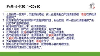 1. 七日的第一日清早，天還黑的時候，抹大拉的馬利亞來到墳墓那裡，看見石頭從墳
墓挪開了，
2. 就跑來見西門彼得和耶穌所愛的那個門徒，對他們說：有人把主從墳墓裡挪了去，
我們不知道放在哪裡。
3. 彼得和那門徒就出來，往墳墓那裡去。
4. 兩個人同跑，那門徒比彼得跑的更快，先到了墳墓，
5. 低頭往裡看，就見細麻布還放在那裡，只是沒有進去。
6. 西門彼得隨後也到了，進墳墓裡去，就看見細麻布還放在那裡，
7. 又看見耶穌的裹頭巾沒有和細麻布放在一處，是另在一處捲著。
8. 先到墳墓的那門徒也進去，看見就信了。
9. 因為他們還不明白聖經的意思，就是耶穌必要從死裡復活。
10.於是兩個門徒回自己的住處去了。
約翰福音20:1-20:10
 