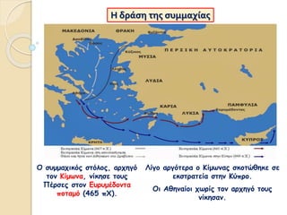 Η δράση της συμμαχίας
Ο συμμαχικός στόλος, αρχηγό
τον Κίμωνα, νίκησε τους
Πέρσες στον Ευρυμέδοντα
ποταμό (465 πΧ).
Λίγο αργότερα ο Κίμωνας σκοτώθηκε σε
εκστρατεία στην Κύπρο.
Οι Αθηναίοι χωρίς τον αρχηγό τους
νίκησαν.
 