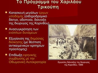 Το Πρόγραμμα του Χαριλάου
                 Τρικούπη
   Κατασκευή μεγάλων έργων
    υποδομής (σιδηροδρομικό
    δίκτυο, οδοποιία, διάνοιξη
    της διώρυγας της Κορίνθου)
   Ανασυγκρότηση των
    ενόπλων δυνάμεων
   Εξυγίανση της δημόσιας
    διοίκησης (με θέσπιση
    αντικειμενικών κριτηρίων
    πρόσληψης)
   Επιδίωξη ειρηνικής
    συμβίωσης με την
    Οθωμανική Αυτοκρατορία       Εργασίες διάνοιξης της διώρυγας
                                      της Κορίνθου, 1886
 