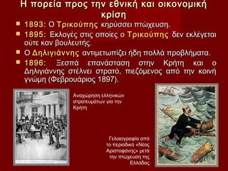 Η πορεία προς την εθνική και οικονομική
                    κρίση
   1893: Ο Τρικούπης κηρύσσει πτώχευση.
   1895: Εκλογές στις οποίες ο Τρικούπης δεν εκλέγεται
    ούτε καν βουλευτής.
   Ο Δηλιγιάννης αντιμετωπίζει ήδη πολλά προβλήματα.
   1896: Ξεσπά επανάσταση στην Κρήτη και ο
    Δηλιγιάννης στέλνει στρατό, πιεζόμενος από την κοινή
    γνώμη (Φεβρουάριος 1897).

                 Αναχώρηση ελληνικών
                 στρατευμάτων για την
                 Κρήτη




                              Γελοιογραφία από
                             το περιοδικό «Νέος
                             Αριστοφάνης» μετά
                              την πτώχευση της
                                       Ελλάδας
 