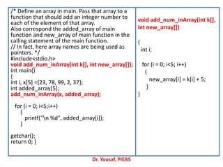 /* Define an array in main. Pass that array to a
function that should add an integer number to
each of the element of that array.
Also correspond the added_array of main
function and new_array of main function in the
calling statement of the main function.
// In fact, here array names are being used as
pointers. */
#include<stdio.h>
void add_num_inArray(int k[], int new_array[]);
int main()
{
int i, x[5] ={23, 78, 99, 2, 37};
int added_array[5];
add_num_inArray(x, added_array);
for (i = 0; i<5;i++)
{
printf("n %d", added_array[i]);
}
getchar();
return 0; }
void add_num_inArray(int k[],
int new_array[])
{
int i;
for (i = 0; i<5; i++)
{
new_array[i] = k[i] + 5;
}
}
Dr. Yousaf, PIEAS
 