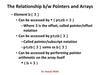 – Element b[ 3 ]
• Can be accessed by *( ptrb + 3 )
–Where 3 is the offset, called pointer/offset
notation
• Can be accessed by ptrb[ 3 ]
–Called pointer/subscript notation
–ptrb[ 3 ] same as b[ 3 ]
• Can be accessed by performing pointer
arithmetic on the array itself
*( b + 3 )
Dr. Yousaf, PIEAS
The Relationship b/w Pointers and Arrays
 