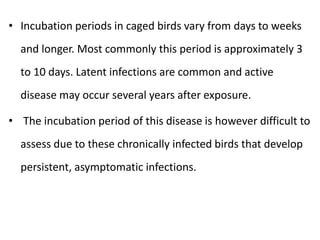 • Incubation periods in caged birds vary from days to weeks
and longer. Most commonly this period is approximately 3
to 10 days. Latent infections are common and active
disease may occur several years after exposure.
• The incubation period of this disease is however difficult to
assess due to these chronically infected birds that develop
persistent, asymptomatic infections.
 