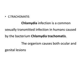 • C.TRACHOMATIS
Chlamydia infection is a common
sexually transmitted infection in humans caused
by the bacterium Chlamydia trachomatis.
The organism causes both ocular and
genital lesions
 