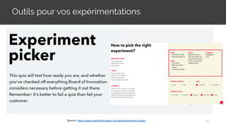 Outils pour vos expérimentations
Source : https://www.boardofinnovation.com/tools/experiment-picker/ 61
 