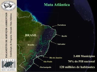 São Paulo
Rio de Janeiro
Salvador
Recife
Fortaleza
Brasília
Florianópolis
BRASIL
Mata Atlântica
3.408 Municípios
70% do PIB nacional
120 milhões de habitantes
 