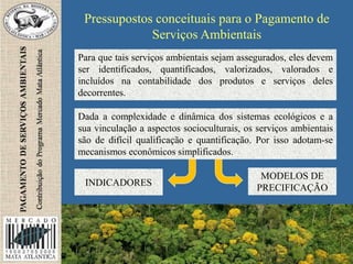Pressupostos conceituais para o Pagamento de
Serviços Ambientais
Para que tais serviços ambientais sejam assegurados, eles devem
ser identificados, quantificados, valorizados, valorados e
incluídos na contabilidade dos produtos e serviços deles
decorrentes.
Dada a complexidade e dinâmica dos sistemas ecológicos e a
sua vinculação a aspectos socioculturais, os serviços ambientais
são de difícil qualificação e quantificação. Por isso adotam-se
mecanismos econômicos simplificados.
INDICADORES
MODELOS DE
PRECIFICAÇÃO
 