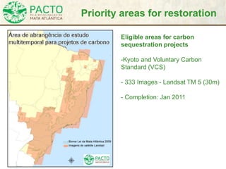 Eligible areas for carbon
sequestration projects
-Kyoto and Voluntary Carbon
Standard (VCS)
- 333 Images - Landsat TM 5 (30m)
- Completion: Jan 2011
Priority areas for restoration
 