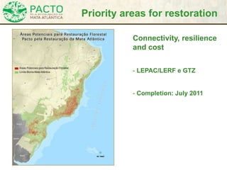 Connectivity, resilience
and cost
- LEPAC/LERF e GTZ
- Completion: July 2011
Priority areas for restoration
 